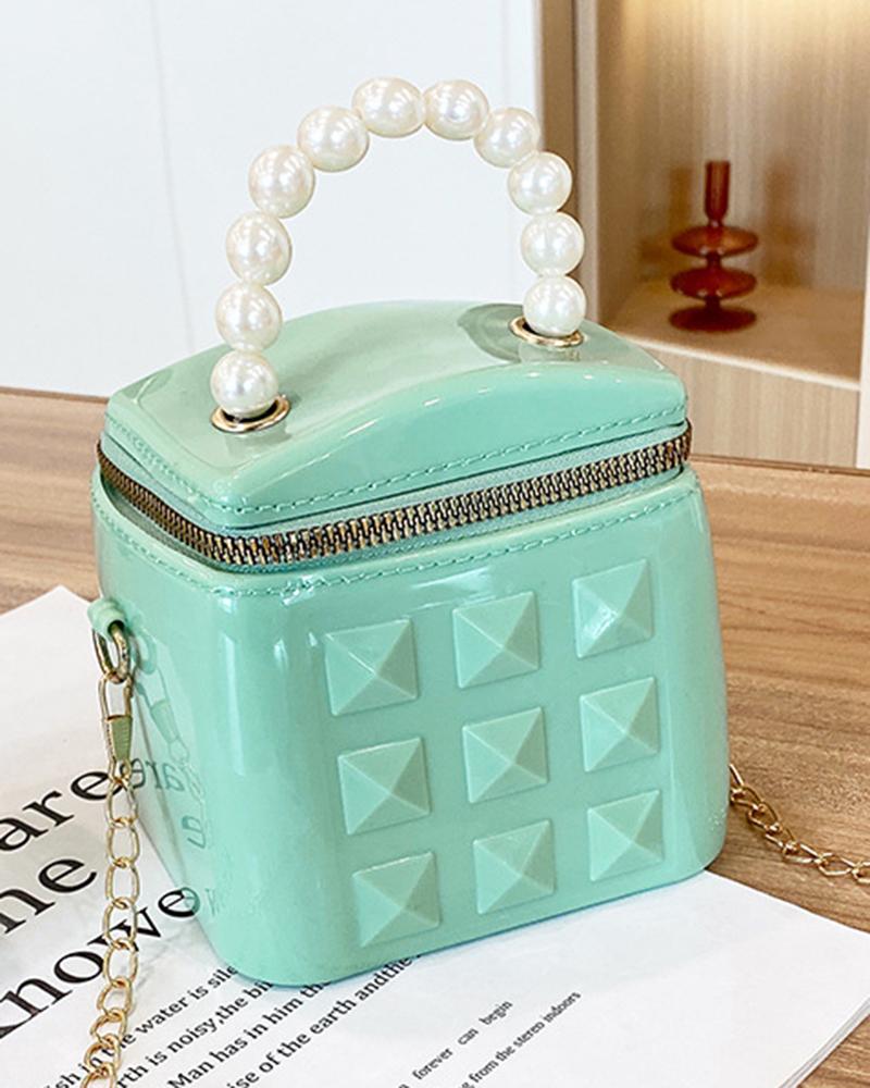 

Pearls Top Handle Square Bucket Handbag Crossbody Bag, Light green