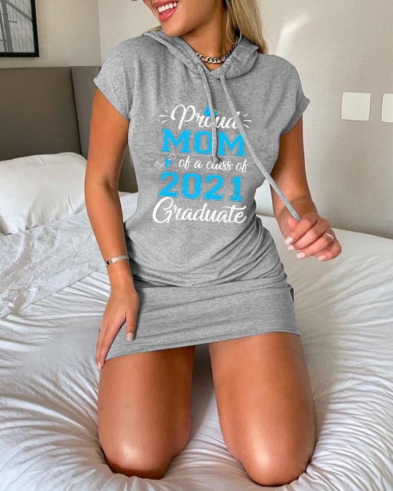 

Mother' Day Letter Print Short Sleeve Hooded T-shirt Dress, Gray