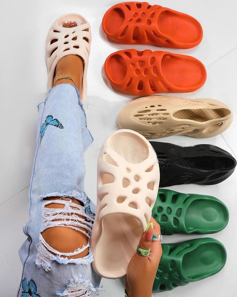 

Hollow Out Plain Round Toe Casual Slippers, Apricot