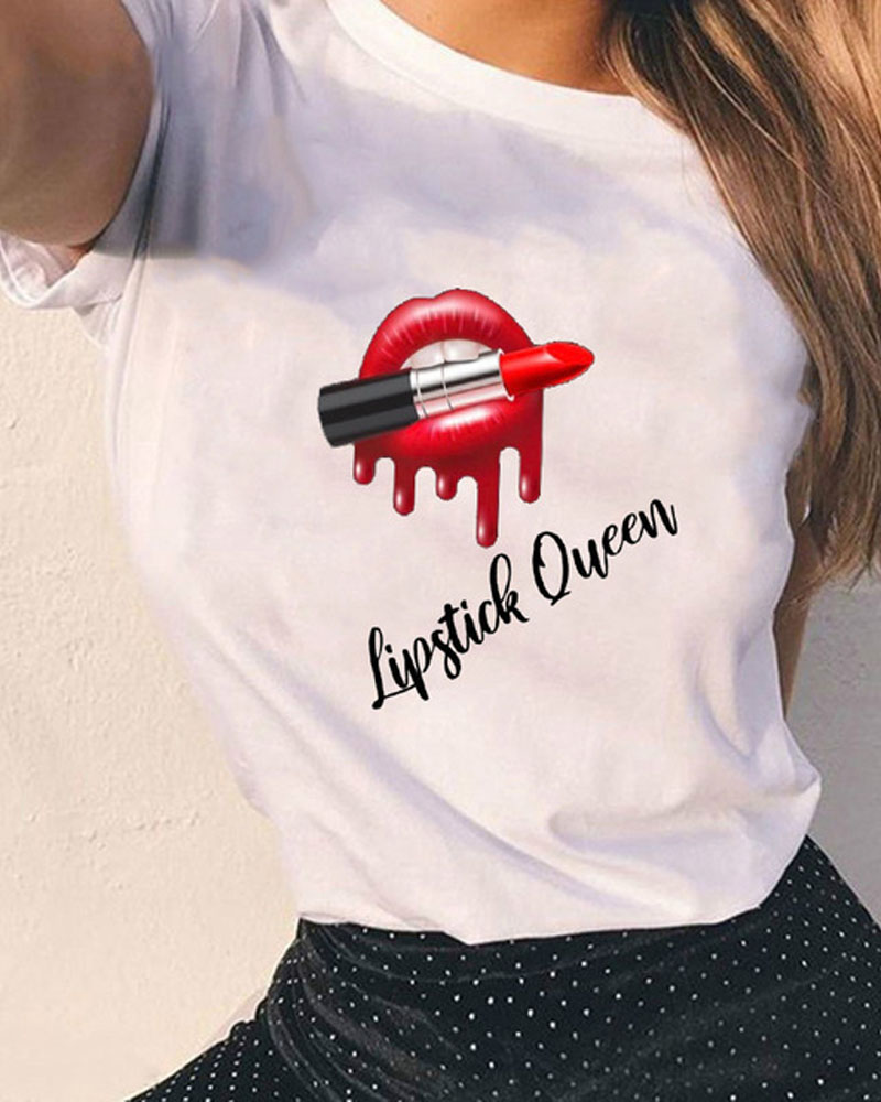 

Lipstick Letter Lip Print Casual T-shirt, White