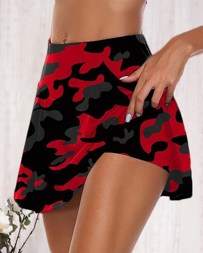 

Camouflage Print High Waist Butt Lifting Skorts, Red