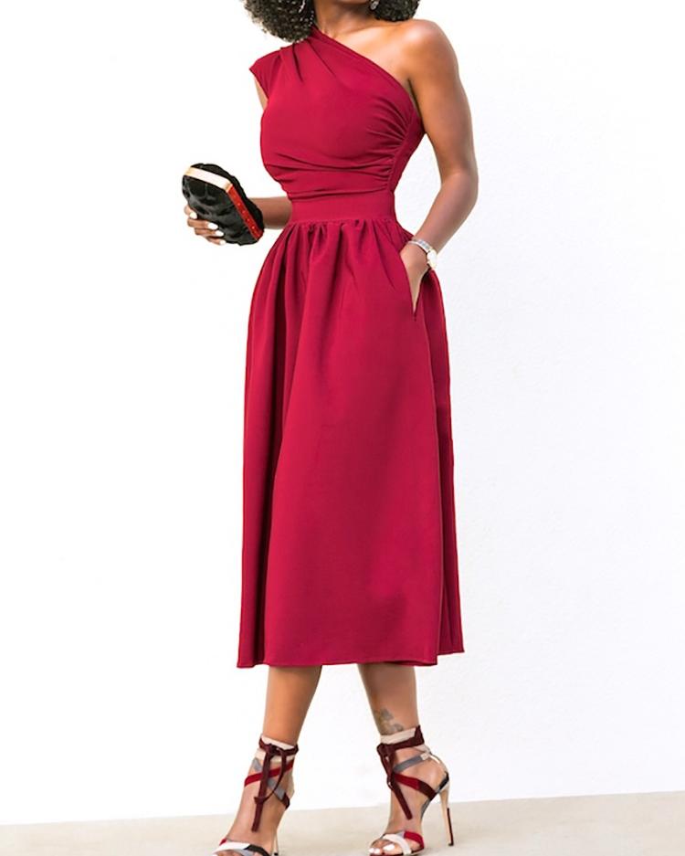 

Asymmetric Ruched One Shoulder Pleated Casual Dress, Red