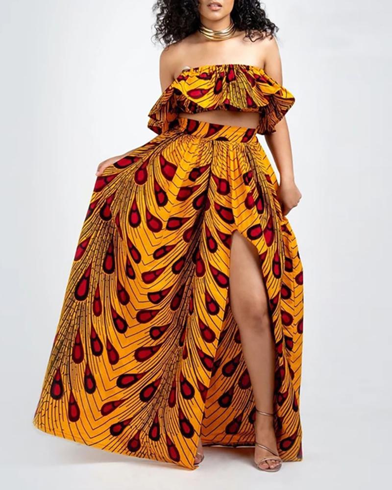 

Leaf Print High Slit Maxi Skirt, Yellow
