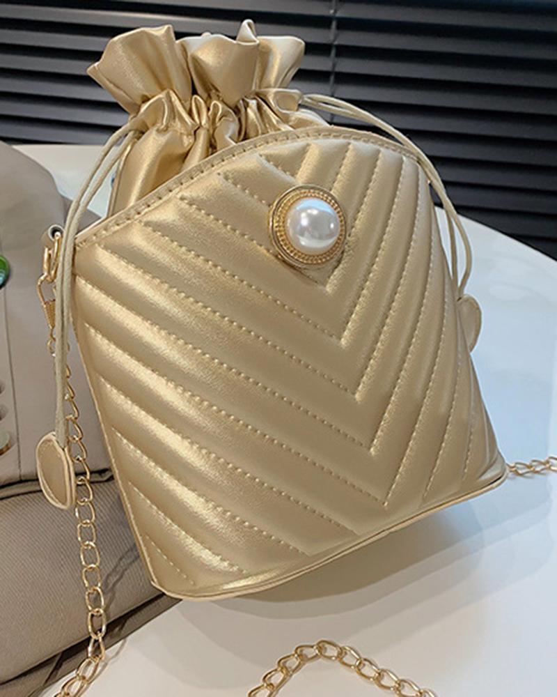 

Quilted Chevron Pearls Decor Drawstring Bucket Bag, Gold