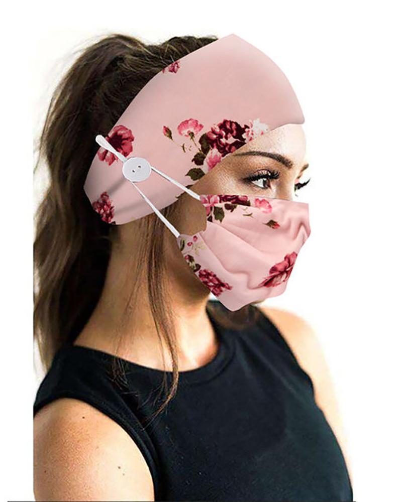 

Button Wide Headband Elastic Facemask Holder With Mouth Mask, Pink