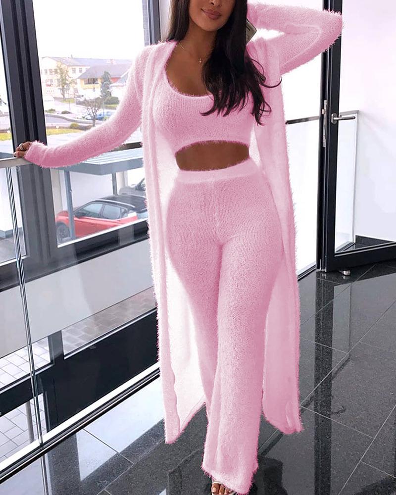 

Solid Fluffy Sleeveless Crop Top & Longline Coat & Bootcut Pants Set, Pink