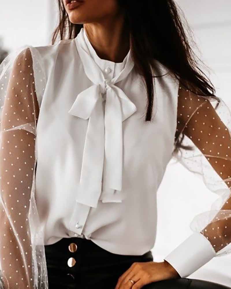

Tied Detail Dot Mesh Long Sleeve Button Design Top, White