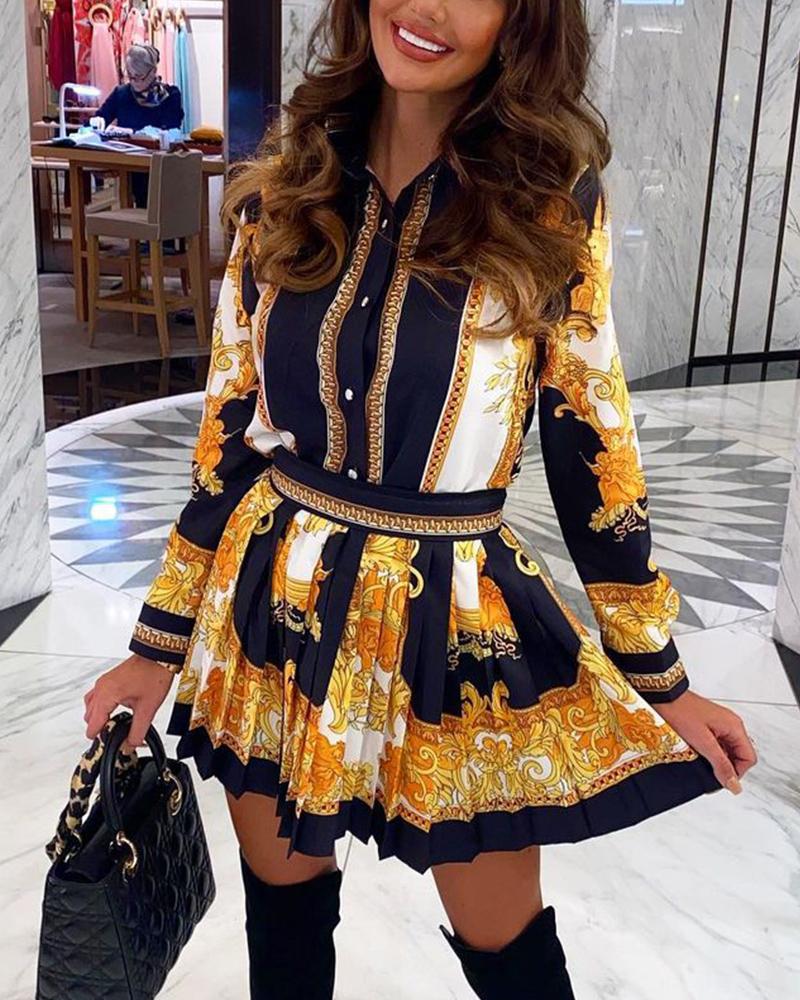 

Baroque Print Button Down Shirt & Pleated Skirt Set, Yellow