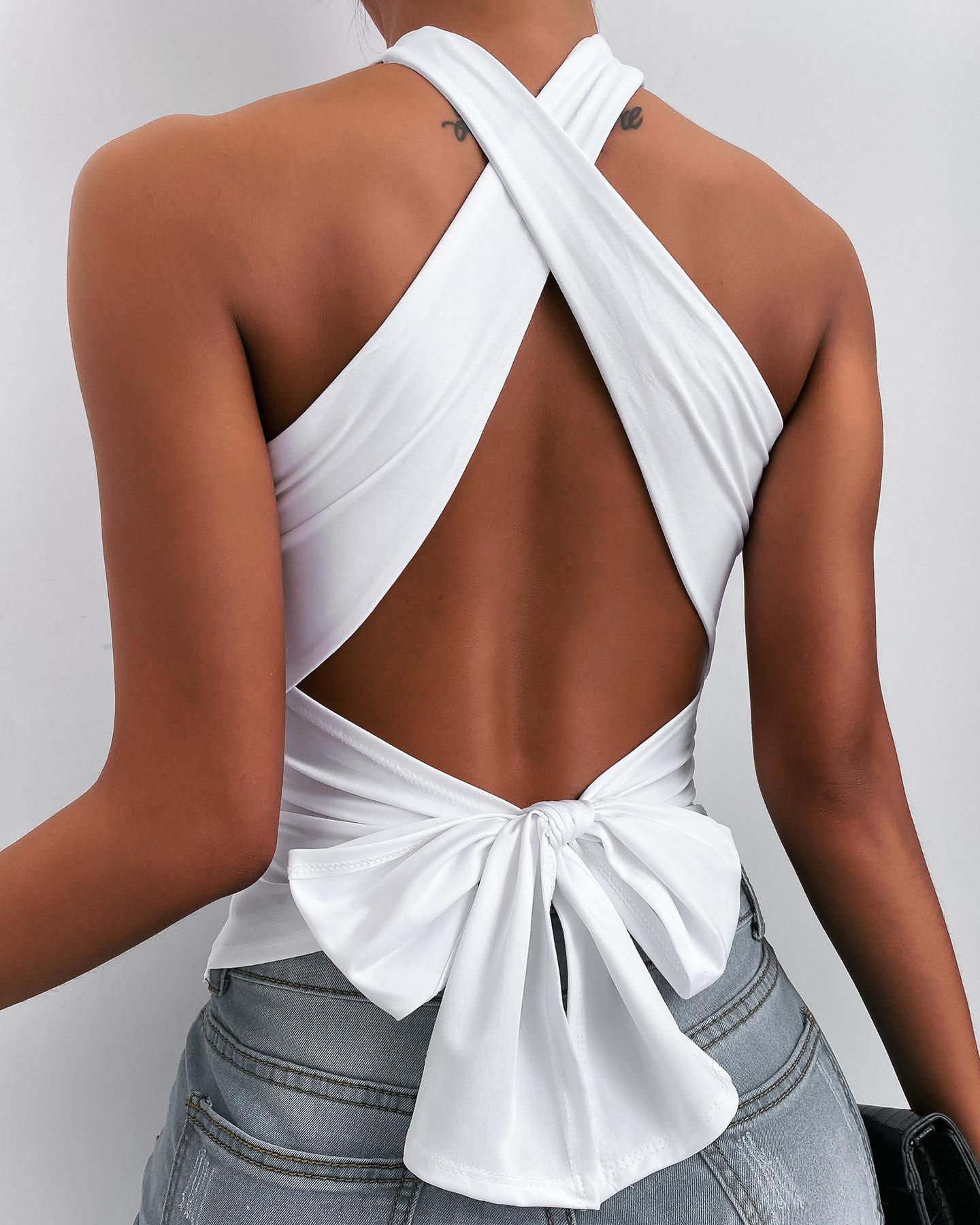 

Crisscross Backless Tied Detail Top, White