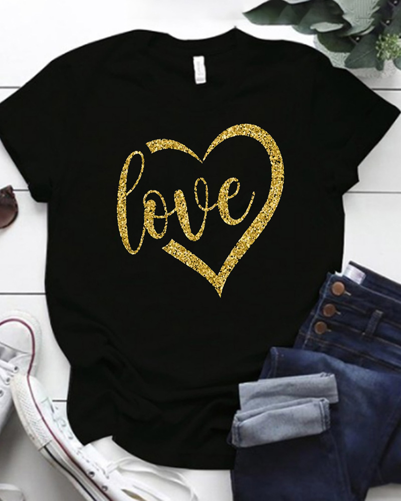 

Valentine's Day Letter Heart Print O-Neck Top, Black