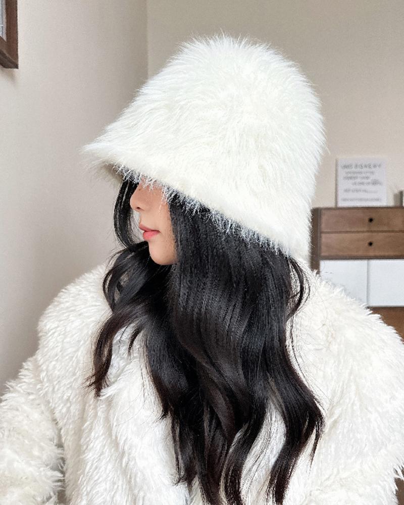 

Faux Fur Fluffy Wram Bucket Hat, White