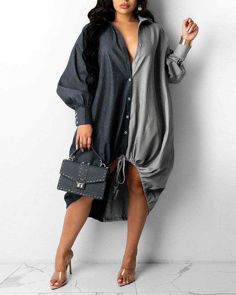 

Colorblock Long Sleeve Button Down Shirt Dress, Gray