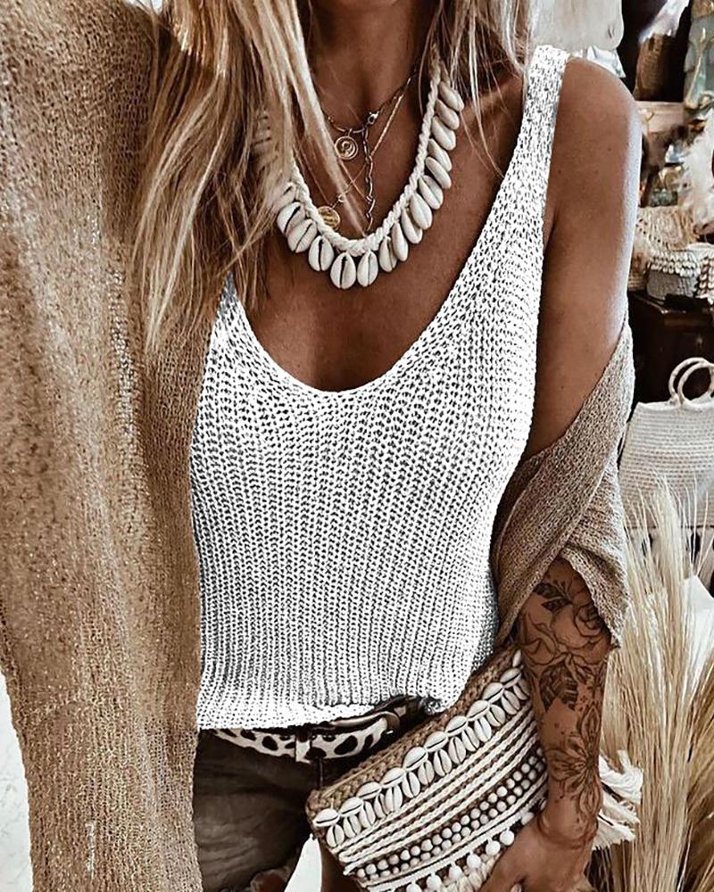 

U Neck Thick Strap Knit Basic Top, White