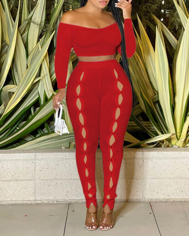 

Off Shoulder Crop Top & Buttoned Hollow Out Pants Set, Red