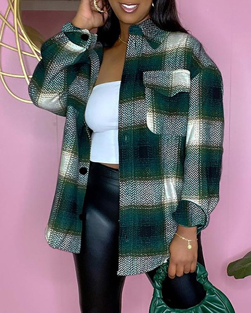 

Plus Size Plaid Print Pocket Button Design Shacket, Green
