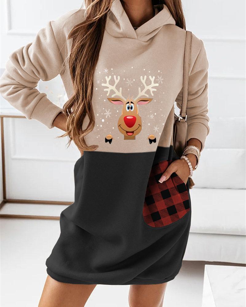 

Christmas Deer Plaid Print Colorblock Hooded Sweatshirt Dress, Multicolor