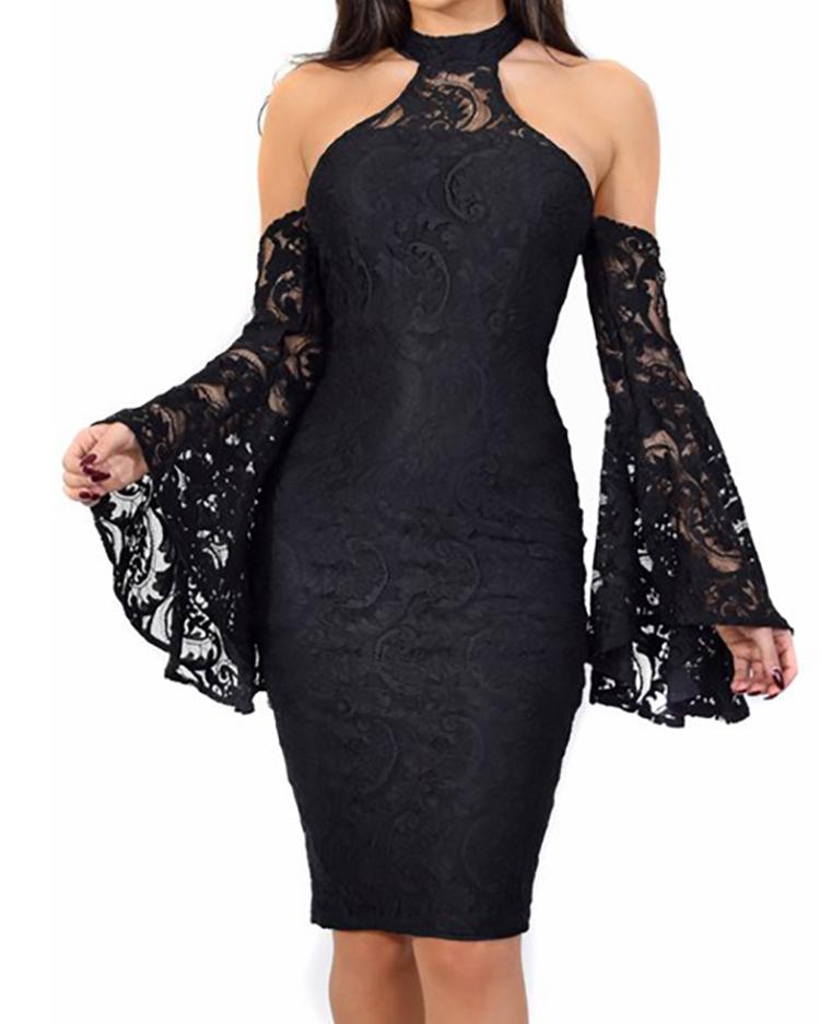 

Cold Shoulder Bell Sleeve Lace Bodycon Dress, Black