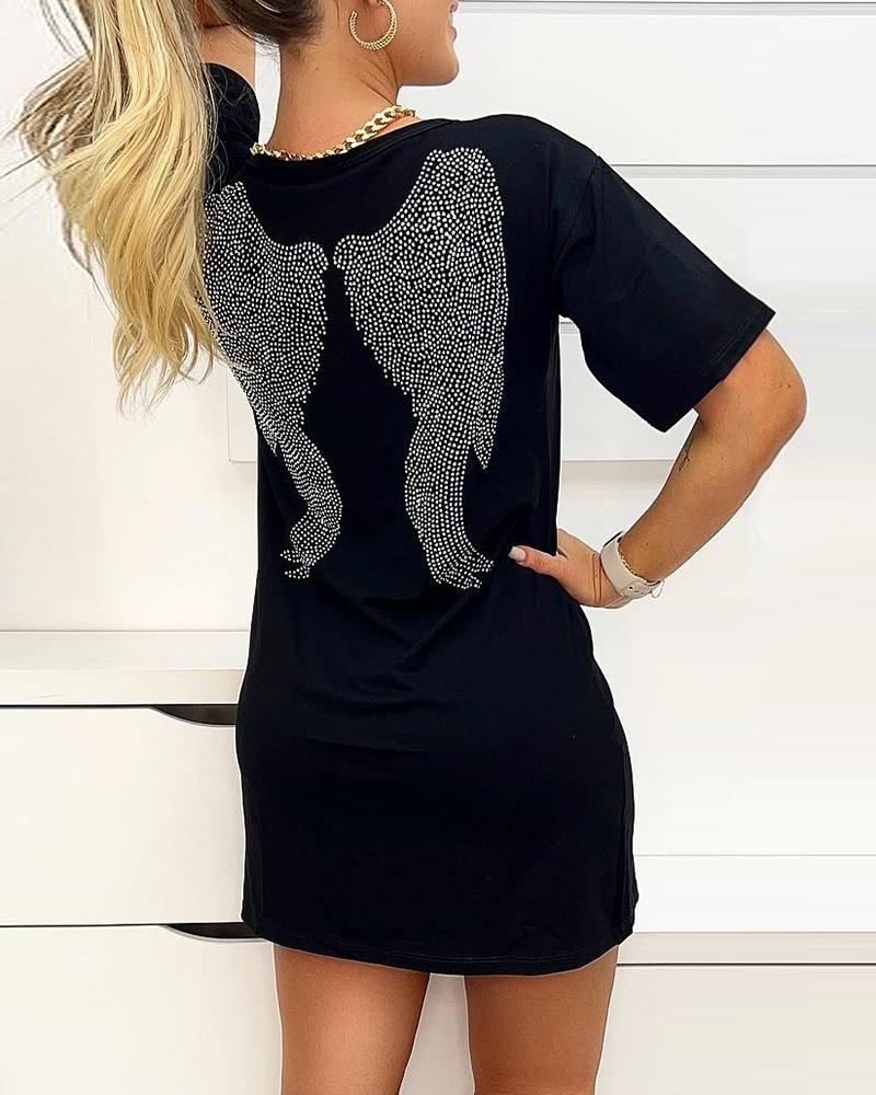 

Wing Pattern Rhinestone O Neck Dress, Black