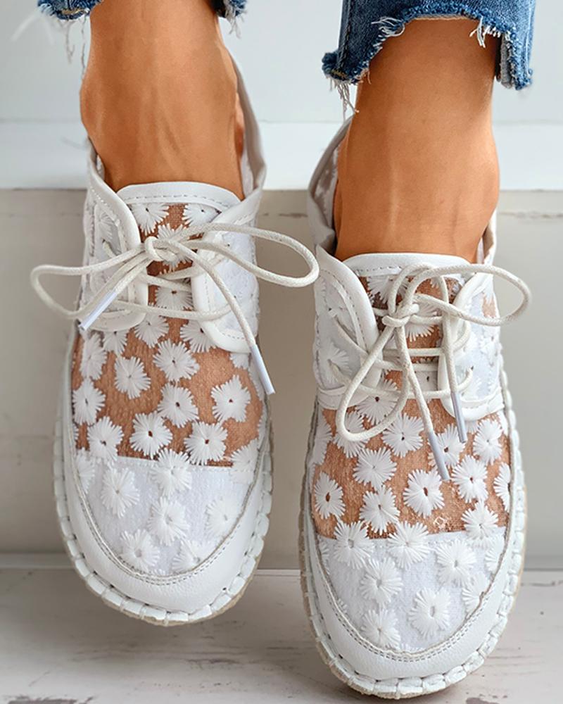 

Floral Pattern Woven Flax Lace-up Sneakers, White