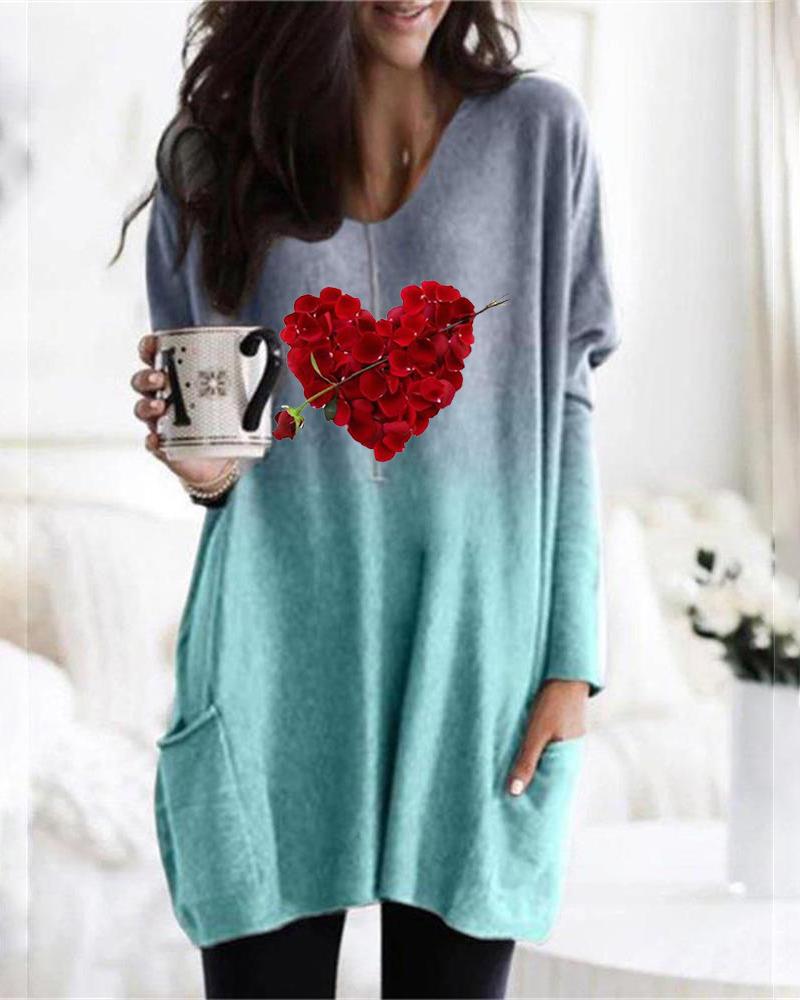 

Valentine' Day Floral Heart Print Ombre Casual Top, Blue