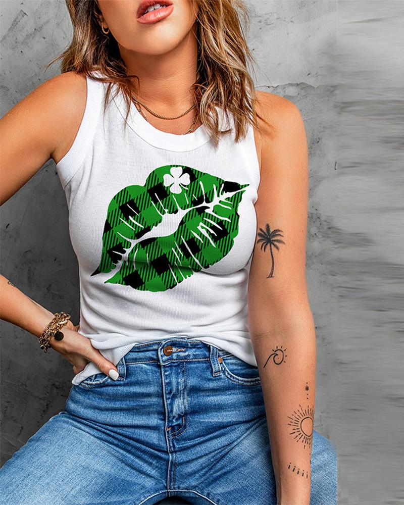 

St. Patrick' Day Lip Clover Print Casual Tank Top, White