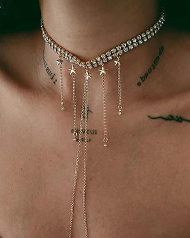 

Star Pattern Rhinestone Tassel Choker, Gold