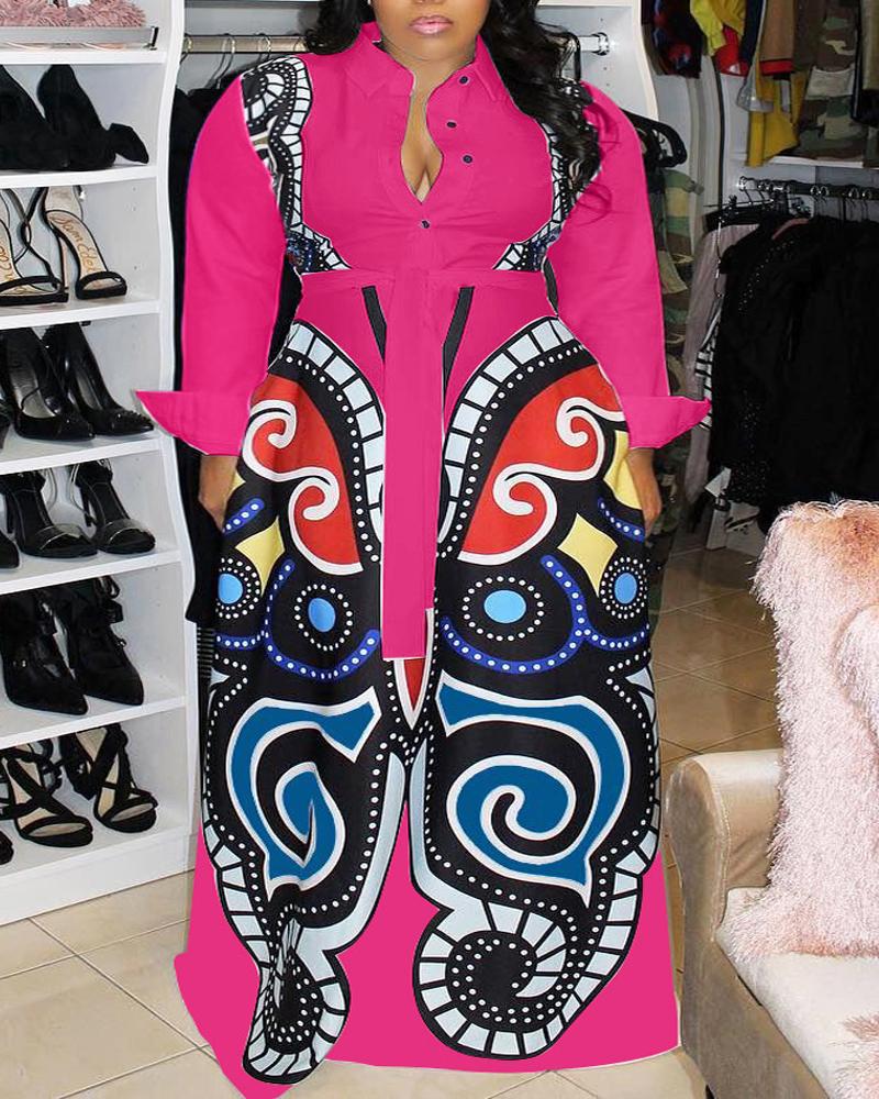 

Plus Size Tribal Print Long Sleeve Shirt Dress, Hot pink