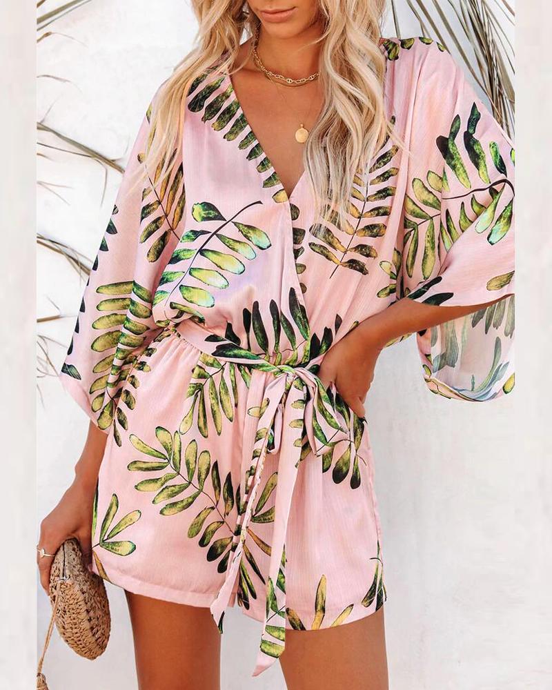 

Plants Print V-Neck Belted Satin Romper, Pink