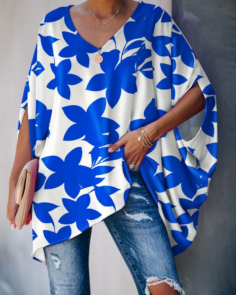 

Floral Print Batwing Sleeve V-Neck Casual Top, Blue