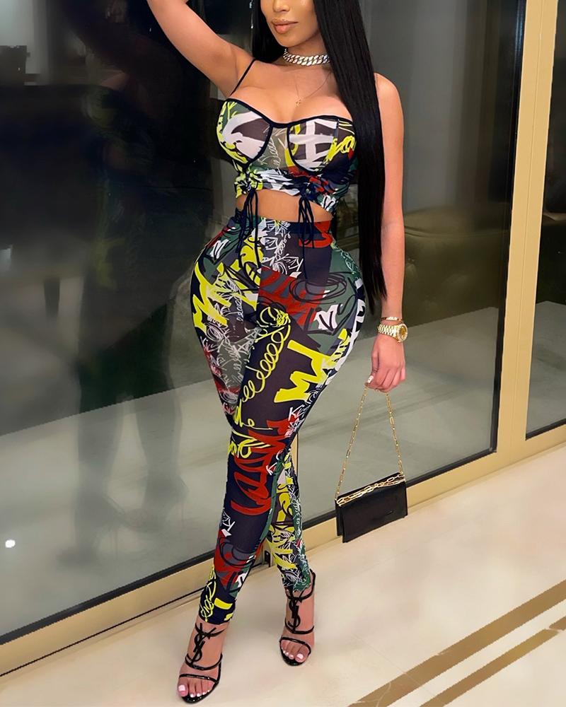 

Multicolor Strap Ruched Strap Tanks With Slim Pants Suit Sets