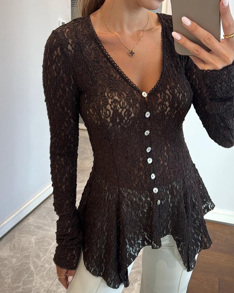 

Chemisier en dentelle à col en V et boutons perlés, élégant cardigan asymétrique à volants, Black
