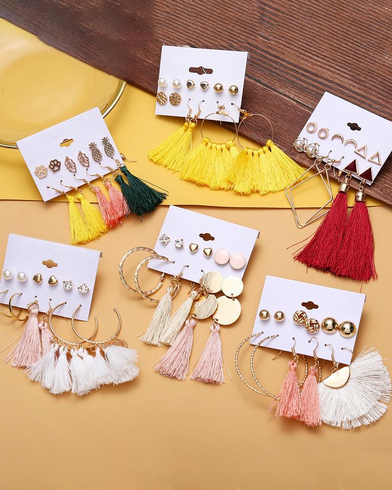 

6 Pairs Beaded Hoop Tassel Ear Cuff Earring Set, Style1