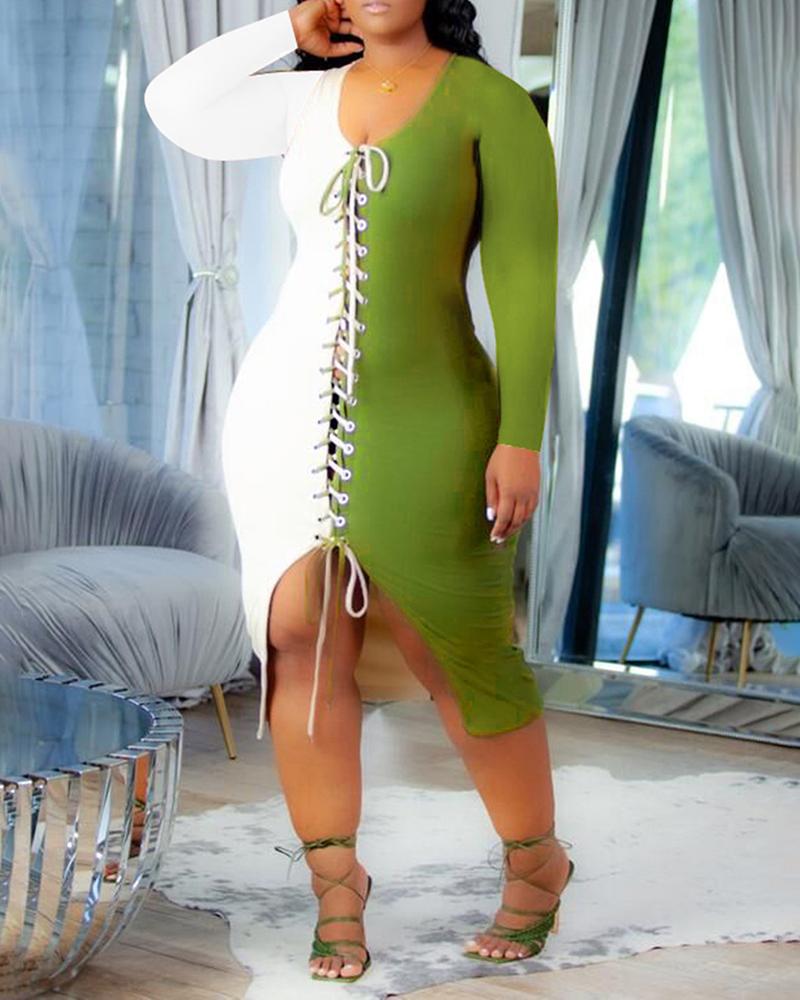 

Colorblock Eyelet Lace Up Long Sleeve Bodycon Dress, Green