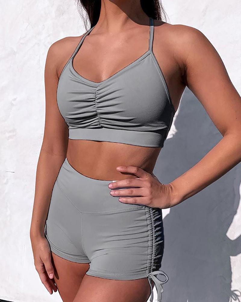 

Halter Ruched Top & Drawstring Short Set, Gray