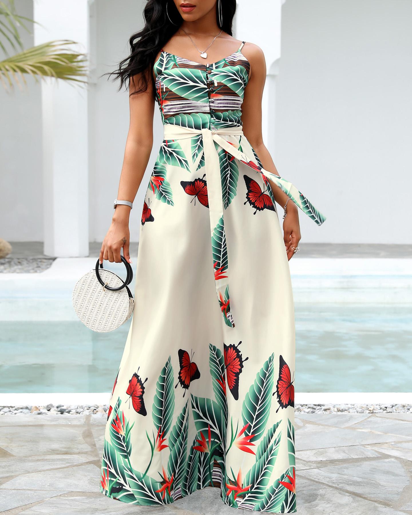 

Tropical Butterfly Print Plunge Maxi Dress, Multicolor