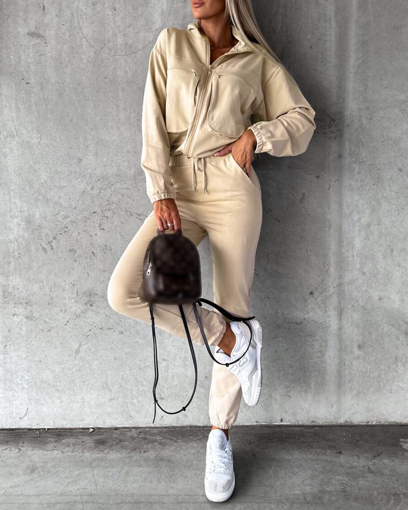 

Zipper Pocket Design Top & Drawstring Pants Set, Apricot