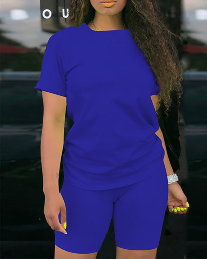 

Solid Short Sleeve Sporty Top & Short Set, Blue