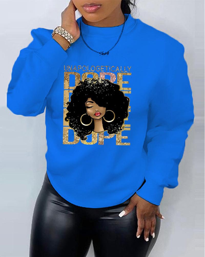 

Figure Letter Print Long Sleeve Sweatshirt, Blue