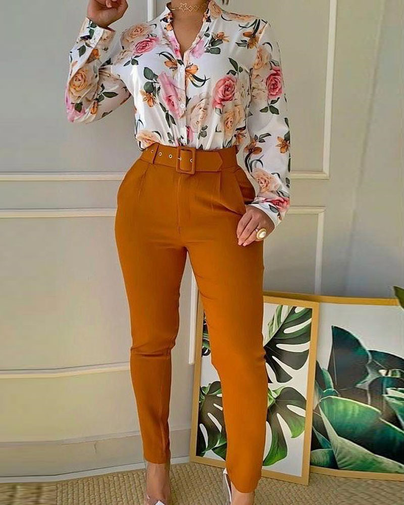 

Floral Print Button Front Top & Pants Set, Khaki