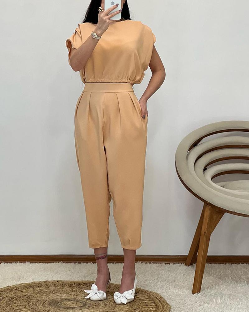 

Batwing Sleeve Round Neck Top & Pocket Deisgn Pants Set, Orange