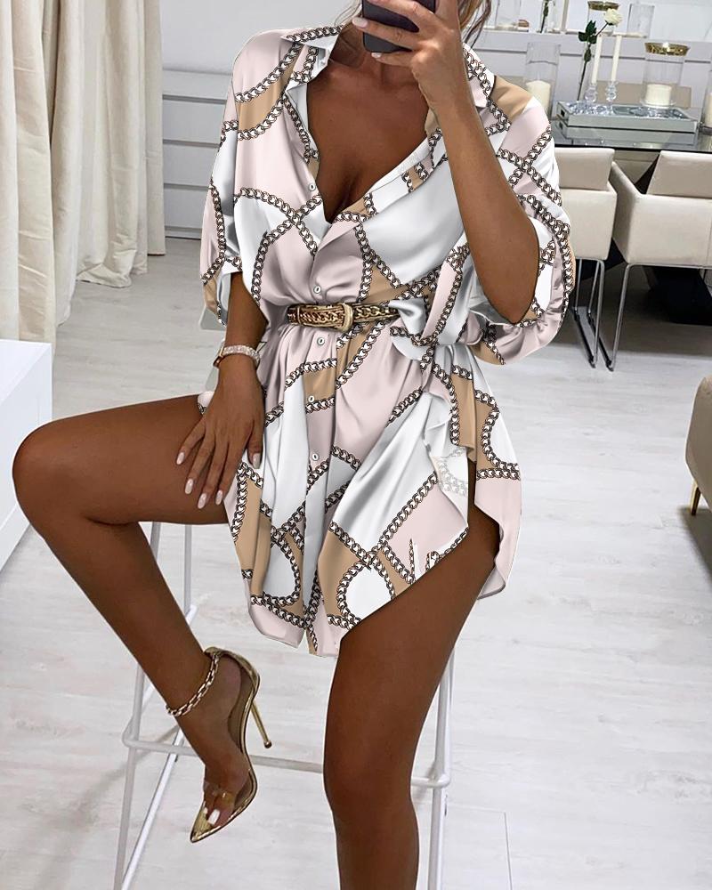 

Chain Print High Slit Shirt Dress, Multicolor