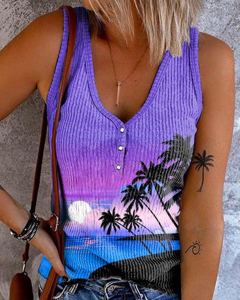 

Landscape Hawaiian Palm Tree Print Ribbed Tank Top, Purple