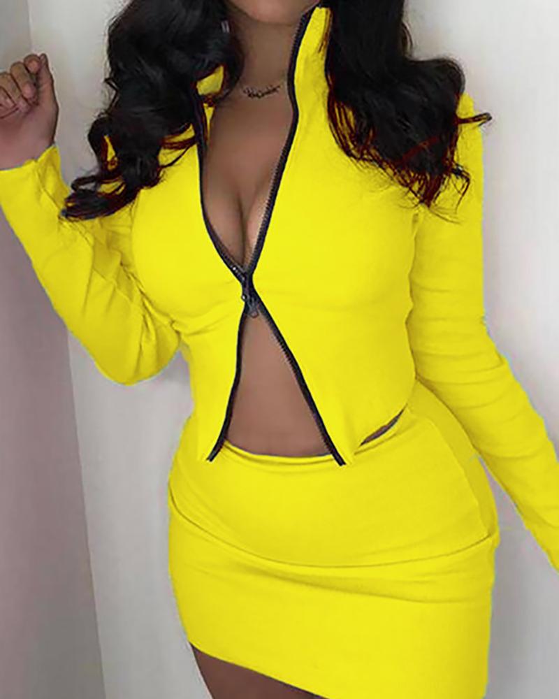 

Zipper Design Long Sleeve Top & Skirt Sets, Yellow