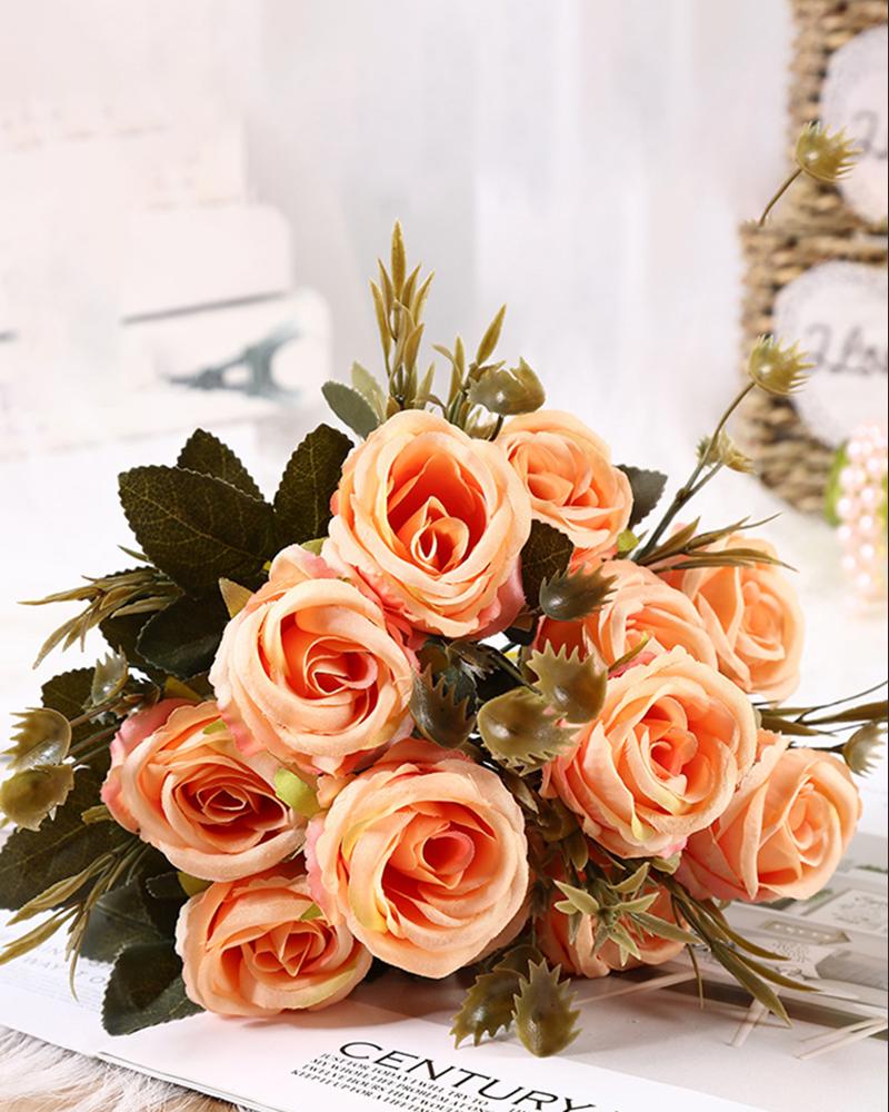 

Artificial Rose Flower Fake Floral Bridal Wedding Bouquet For Home Garden Party Decor, Orange