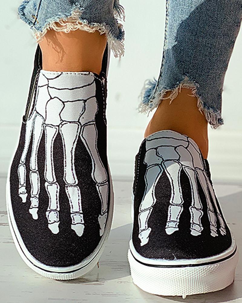 

Skeleton Print Close Toe Casual Shoes, Black&white