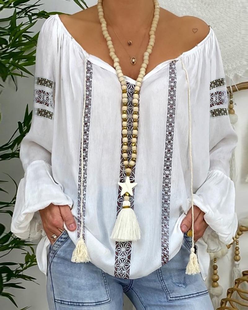 

Lace Insert Tassel Design Lantern Sleeve Shirt, White