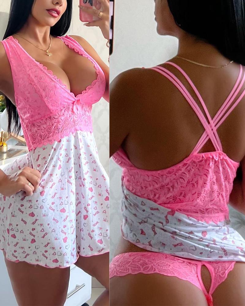 

Heart Print Contrast Lace Nightdress With Thong, Pink