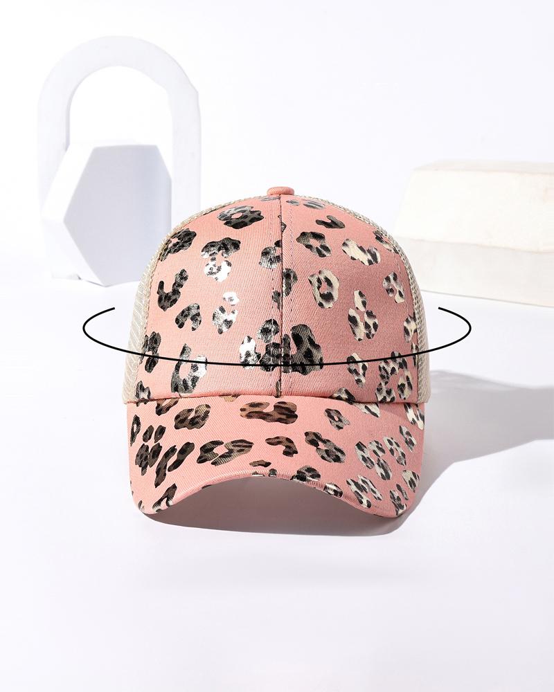 

Metallic Leopard Pattern Contrast Mesh Baseball Cap, Pink