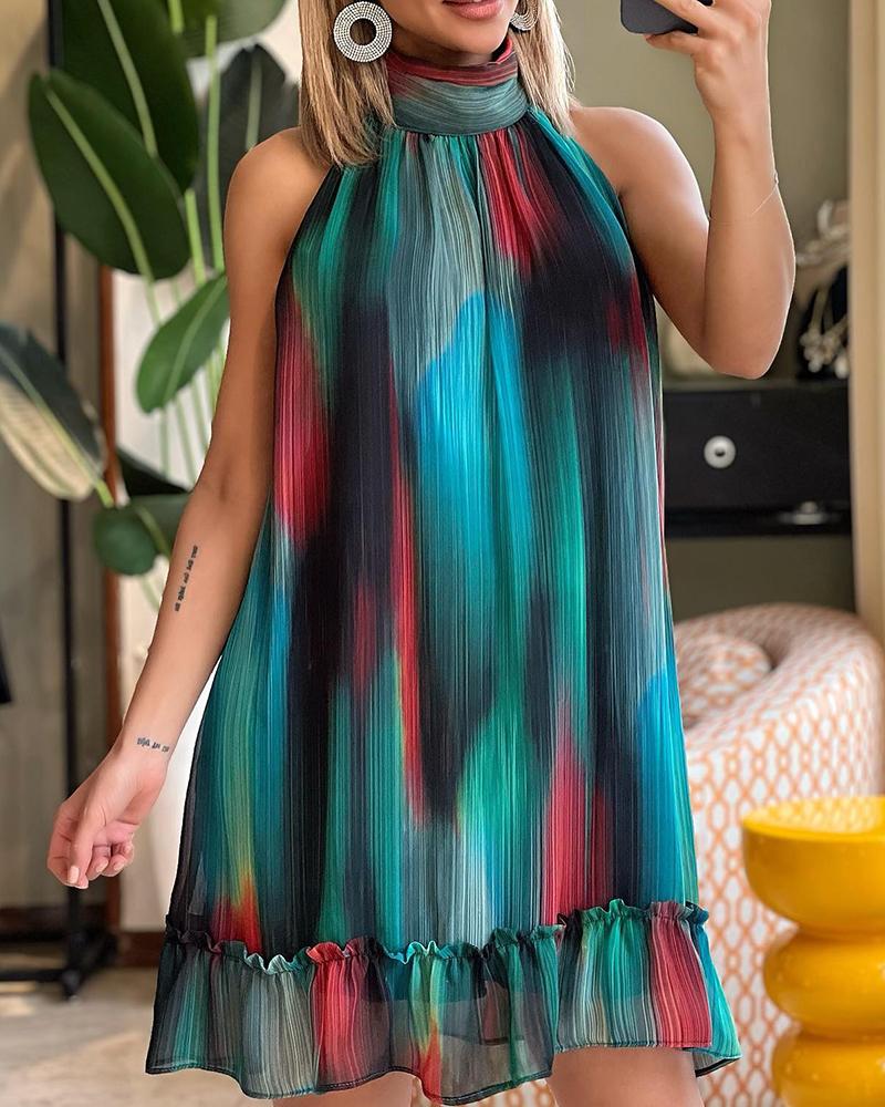 

Tie Dye Print Sleeveless Ruffles Swing Dress, Green