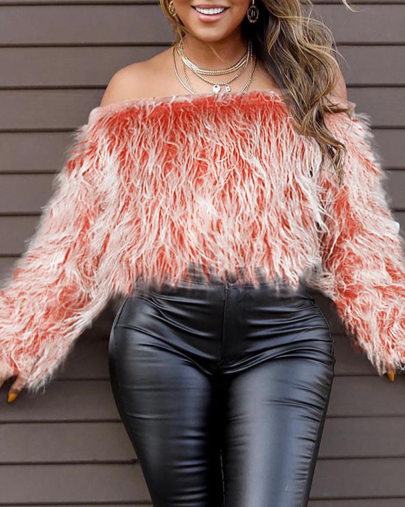 

Colorblock Faux Fur Fluffy Top, Red